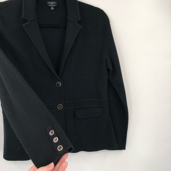 TALBOTS Sweater Blazer Pure Merino Wool Black Knit Button Jacket Layer MP Petite - Picture 3 of 7